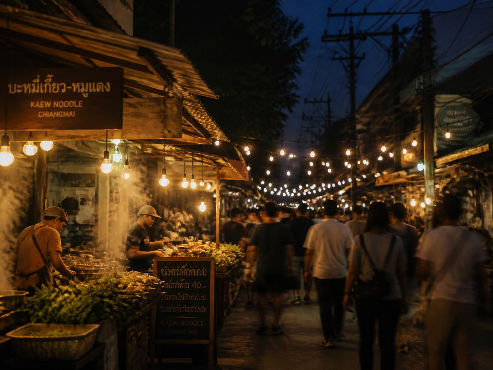 A vibrant street market at night