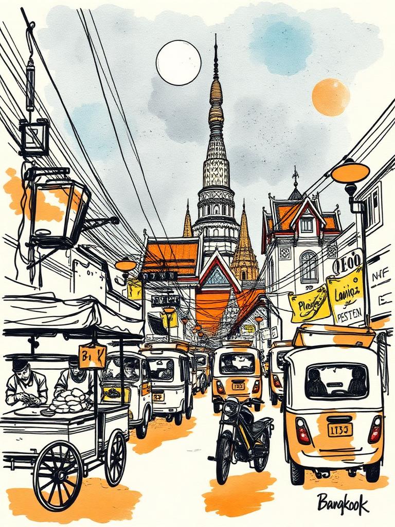 Ink sketch of Bangkok street food carts and a temple spire at night