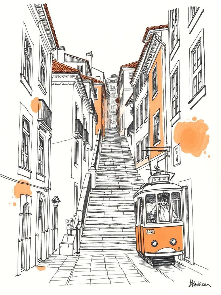 Ink sketch of a steep Lisbon stairway street with a tram