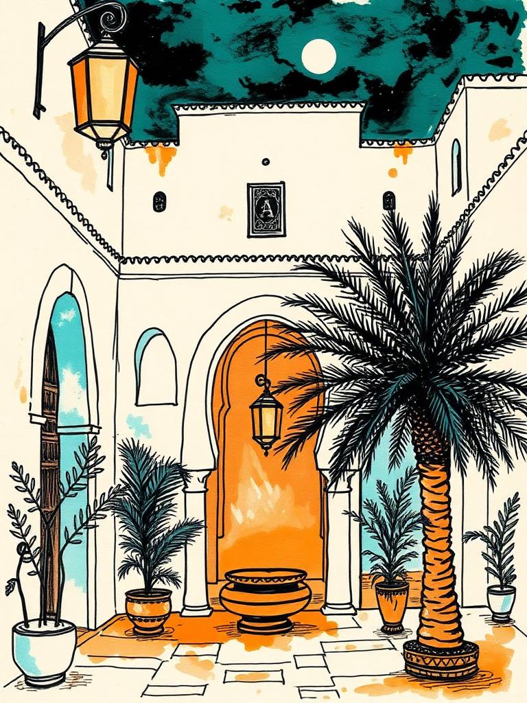 Ink sketch of a Marrakech riad courtyard with lanterns and palms