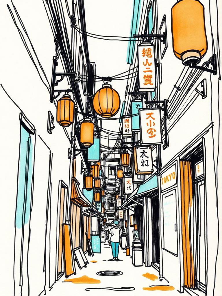 Ink sketch of a narrow Tokyo alley lit by lanterns and signage